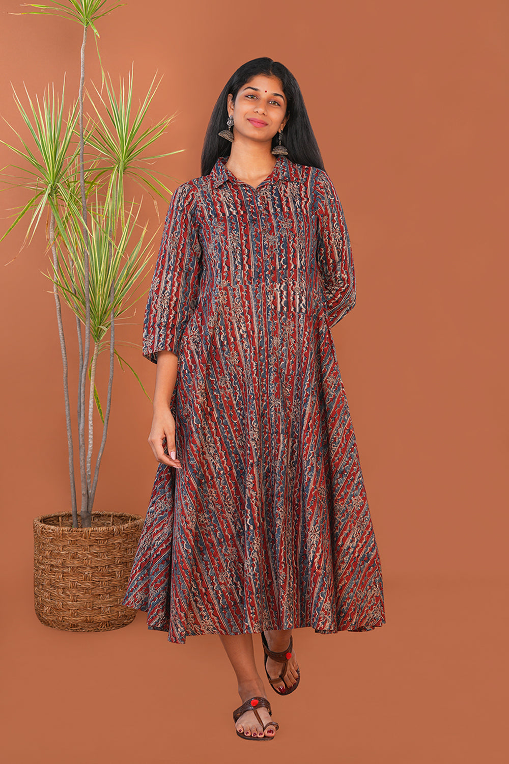 Image of Maroon Striped Kalamkari Cotton dress