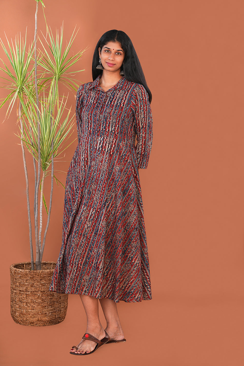 Maroon Striped Kalamkari Cotton dress L / Maroon