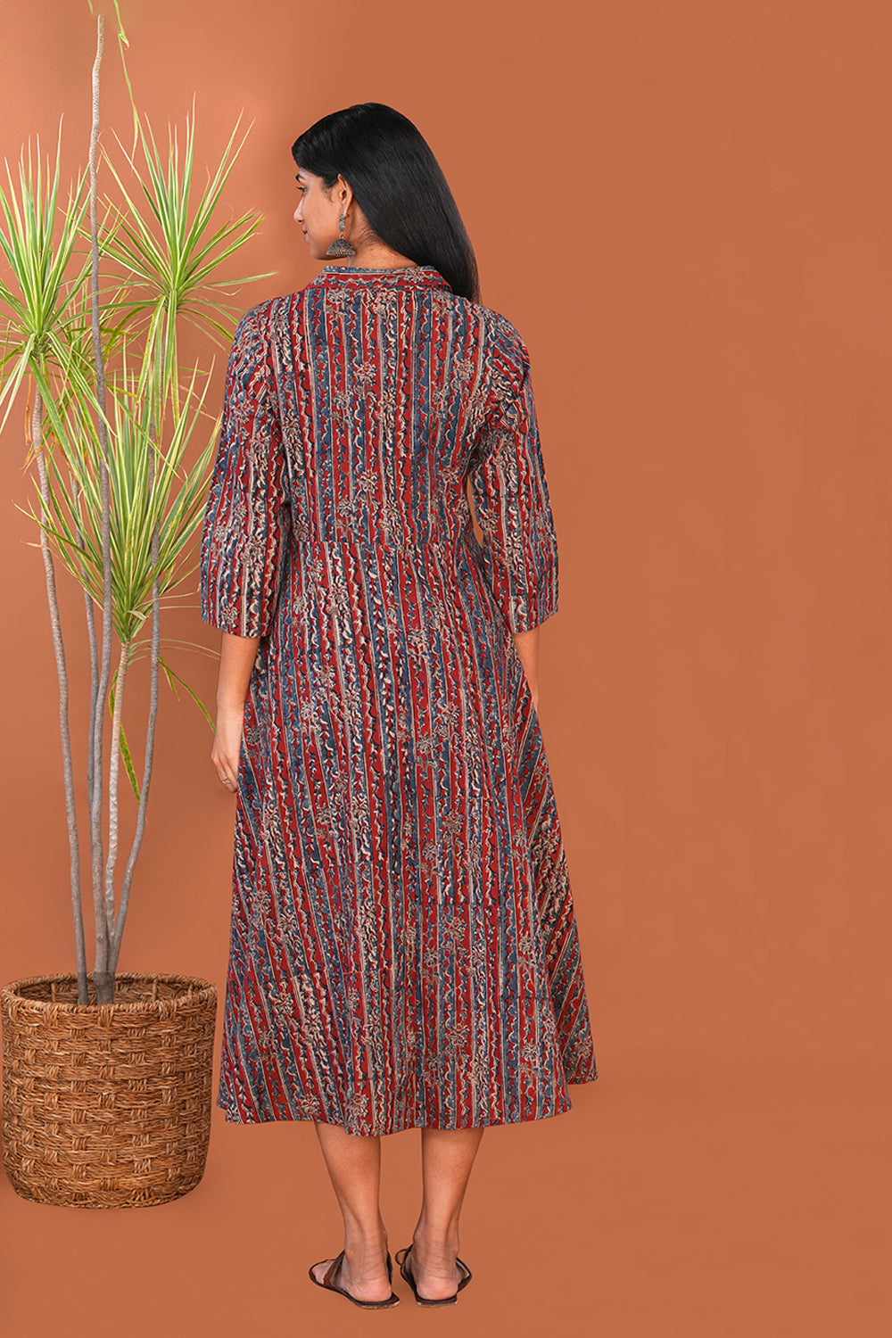 Image of Maroon Striped Kalamkari Cotton dress