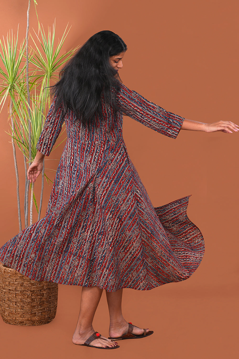 Image of Maroon Striped Kalamkari Cotton dress