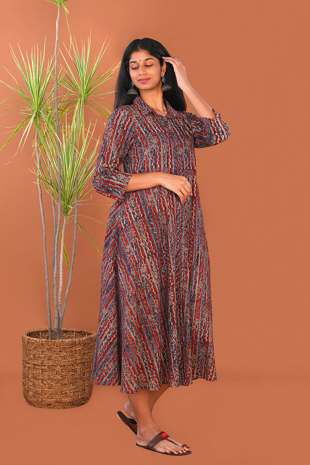 Image of Maroon Striped Kalamkari Cotton dress