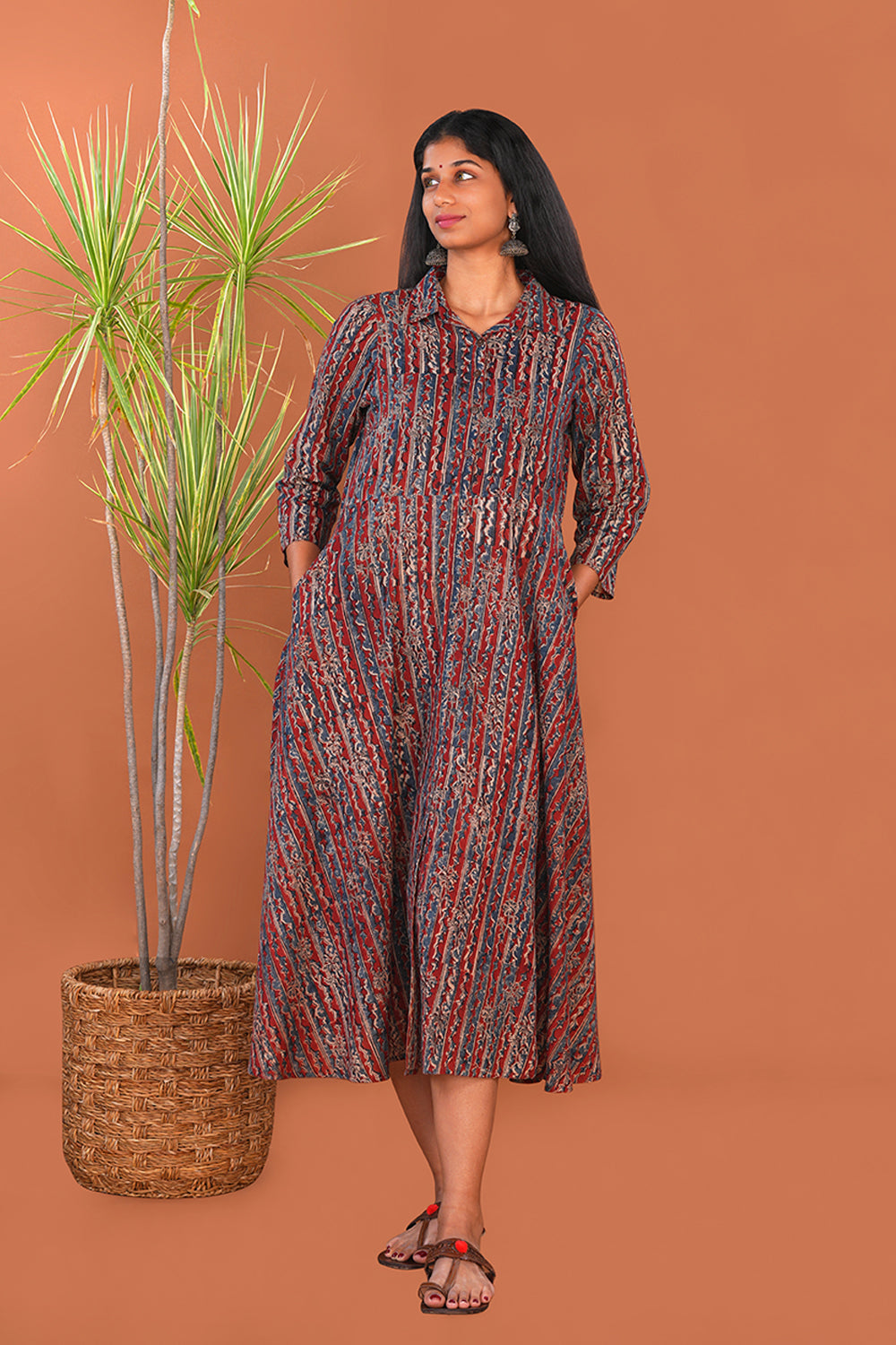 Image of Maroon Striped Kalamkari Cotton dress