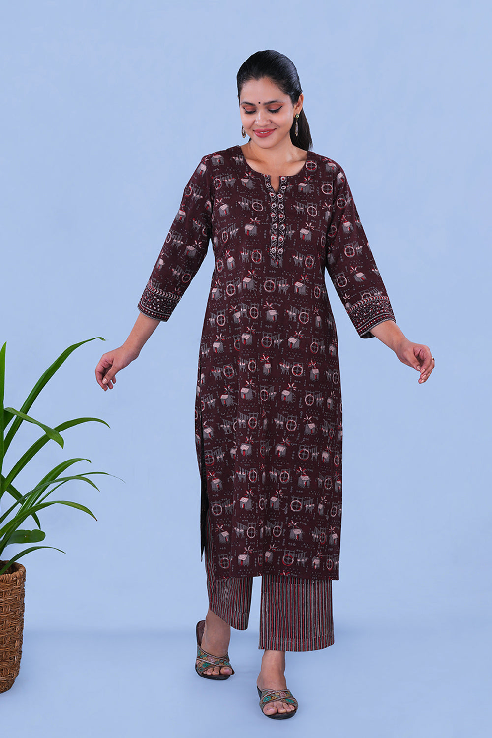 Image of Dark clove Bagru Embroidered Cotton Kurta and pants set