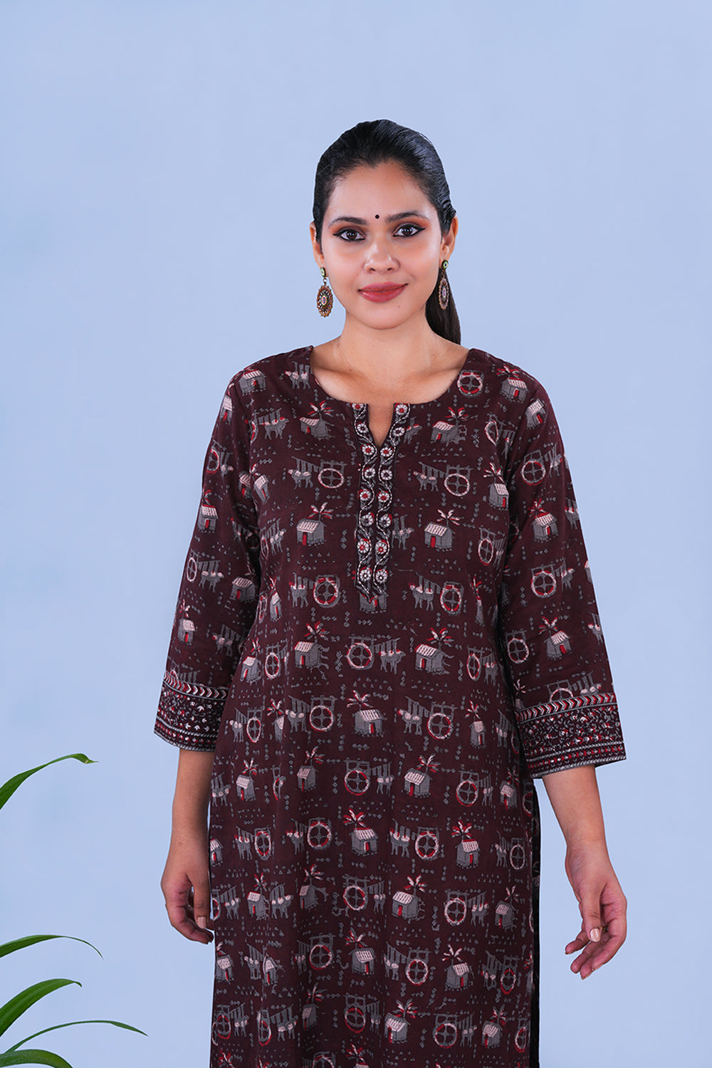 Image of Dark clove Bagru Embroidered Cotton Kurta and pants set