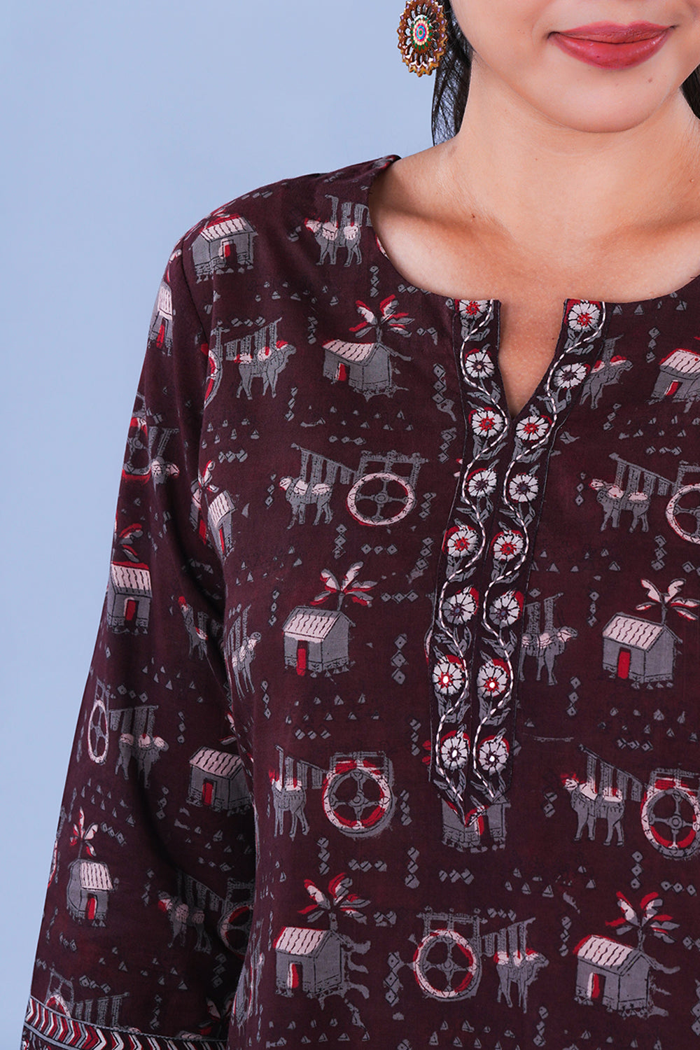 Image of Dark clove Bagru Embroidered Cotton Kurta and pants set