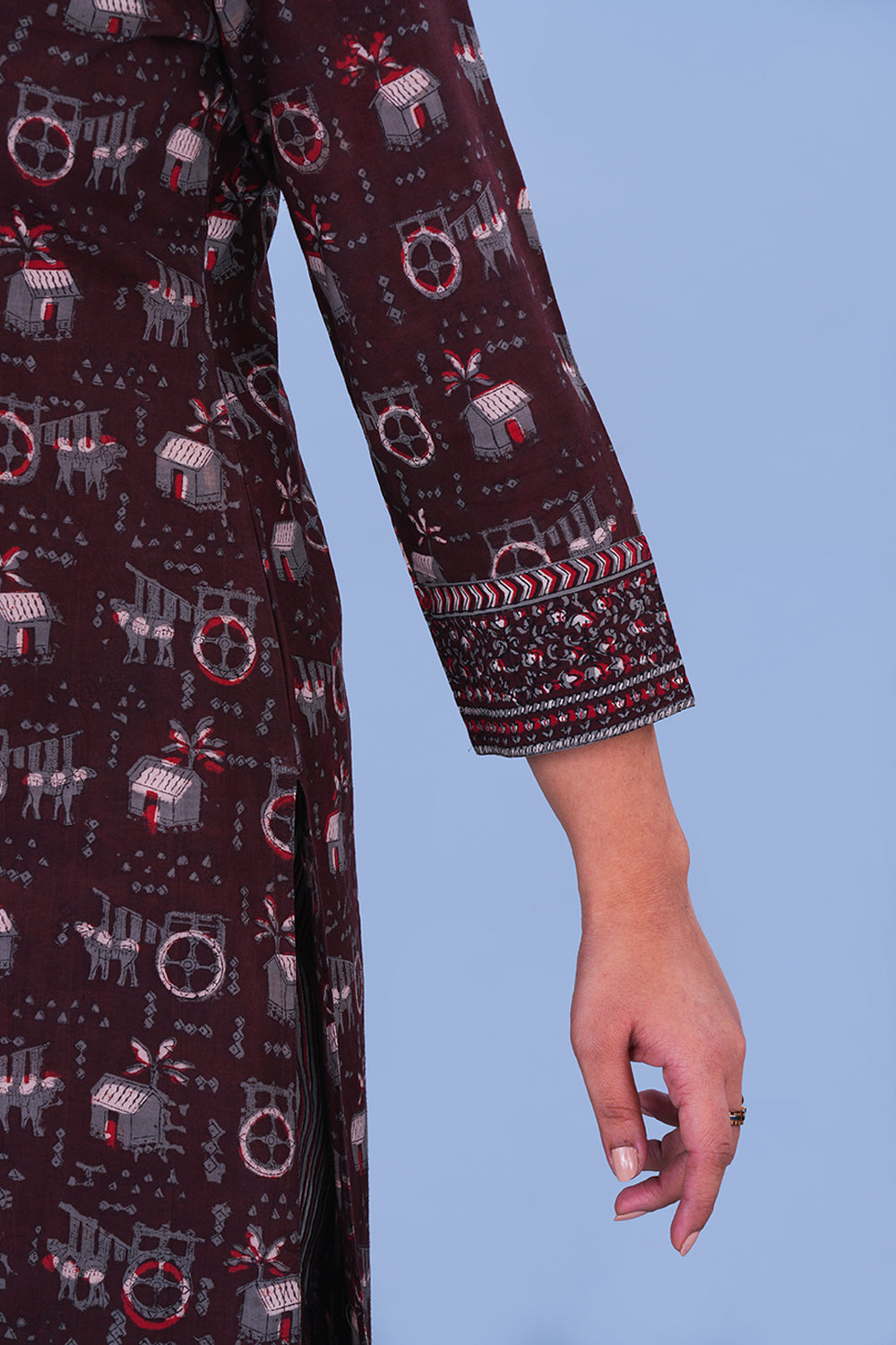 Image of Dark clove Bagru Embroidered Cotton Kurta and pants set