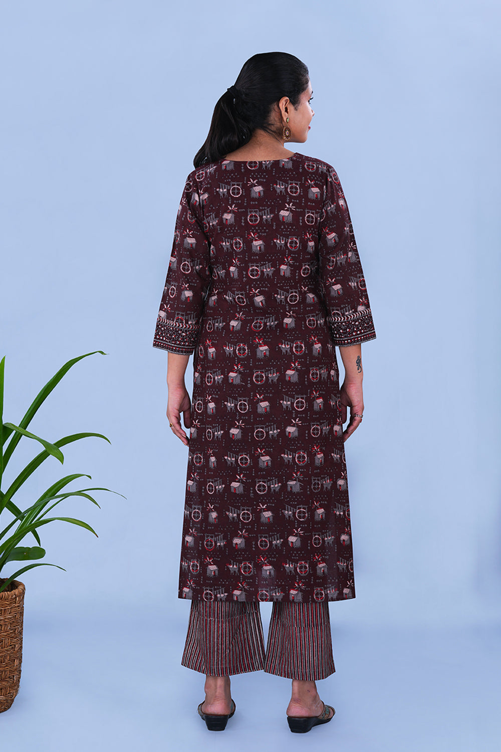 Image of Dark clove Bagru Embroidered Cotton Kurta and pants set