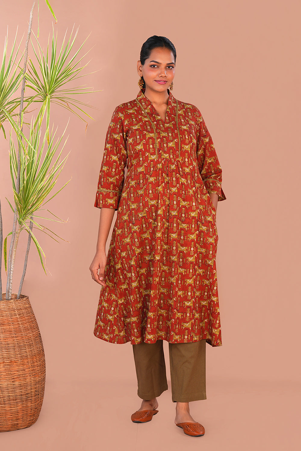 Image of Brick Red Bagru Hand Block Printed Kurta