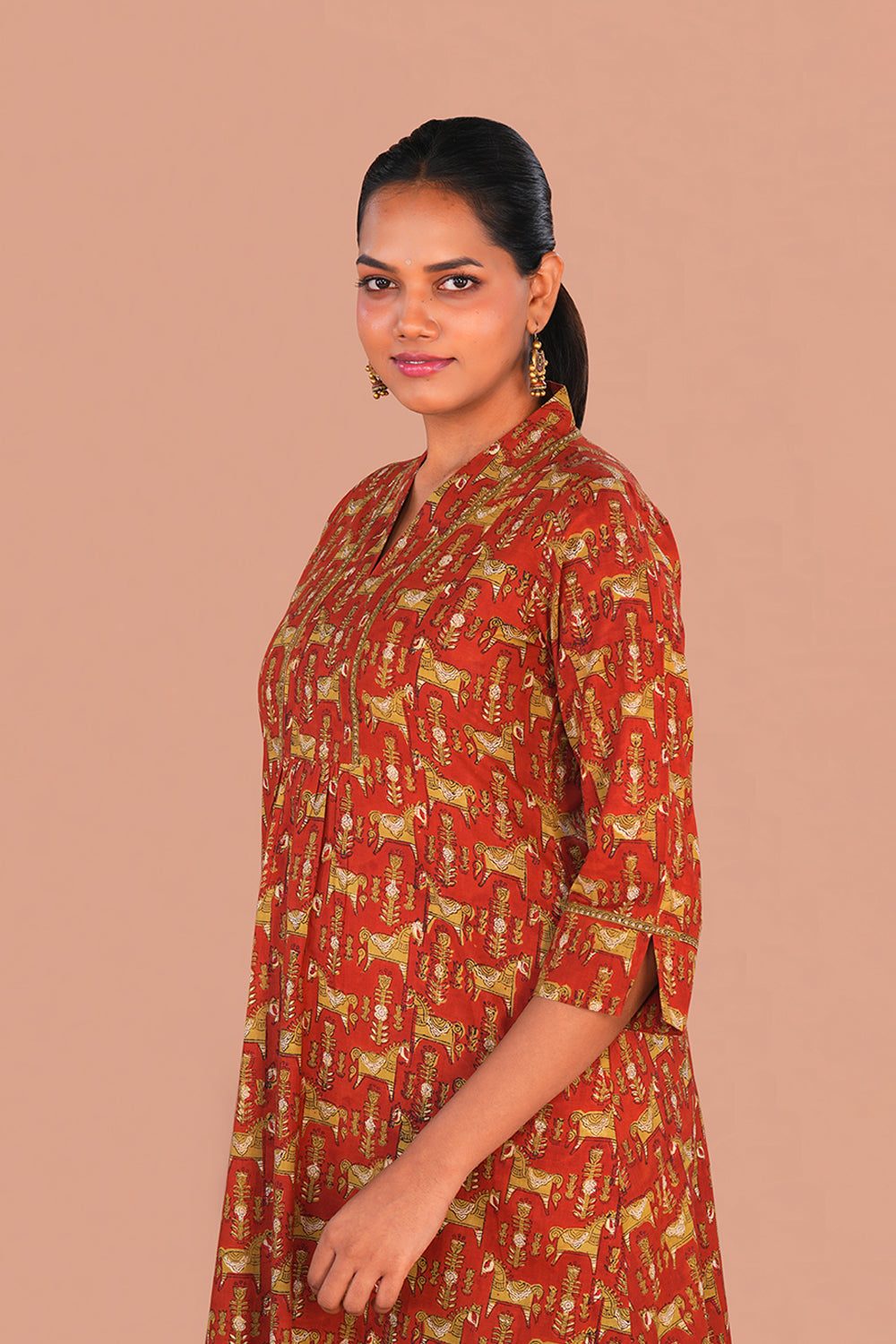Image of Brick Red Bagru Hand Block Printed Kurta