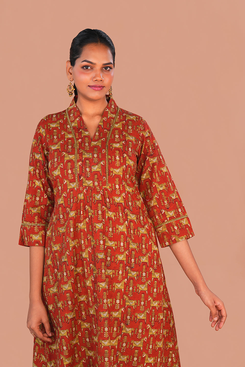 Image of Brick Red Bagru Hand Block Printed Kurta