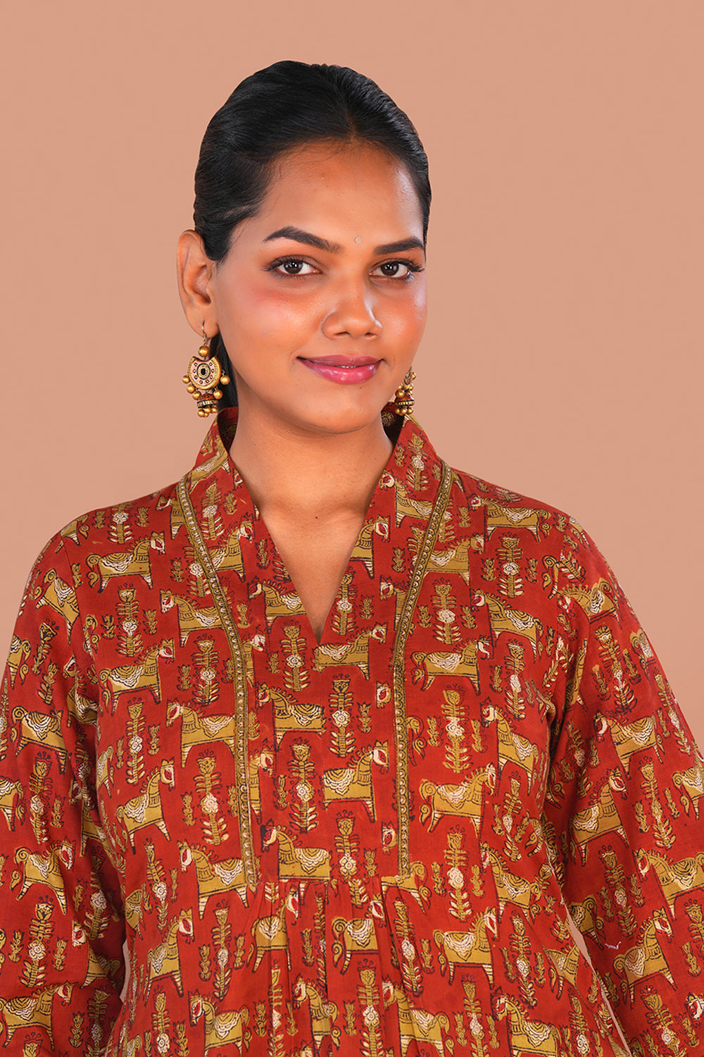Image of Brick Red Bagru Hand Block Printed Kurta