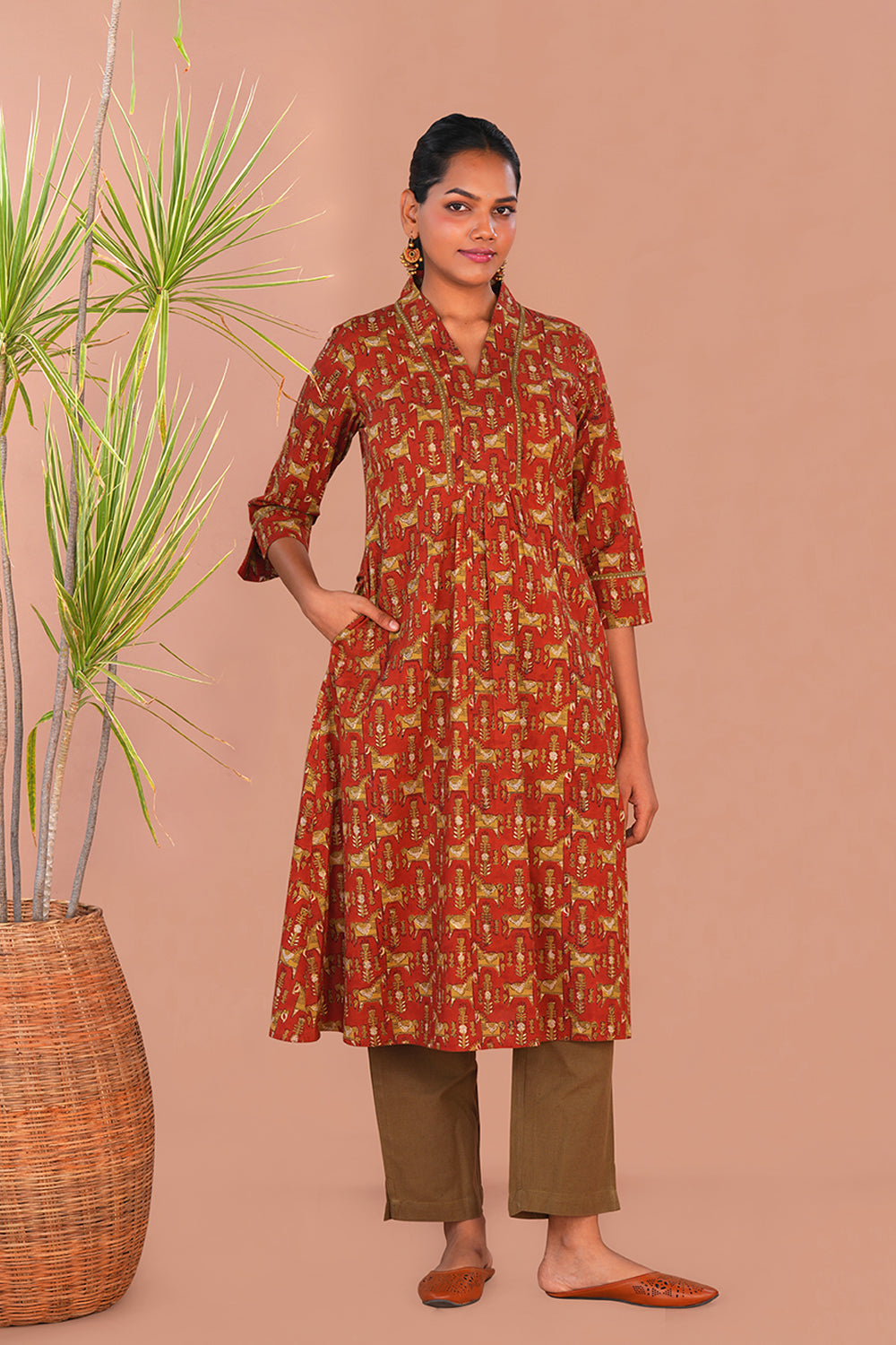 Image of Brick Red Bagru Hand Block Printed Kurta