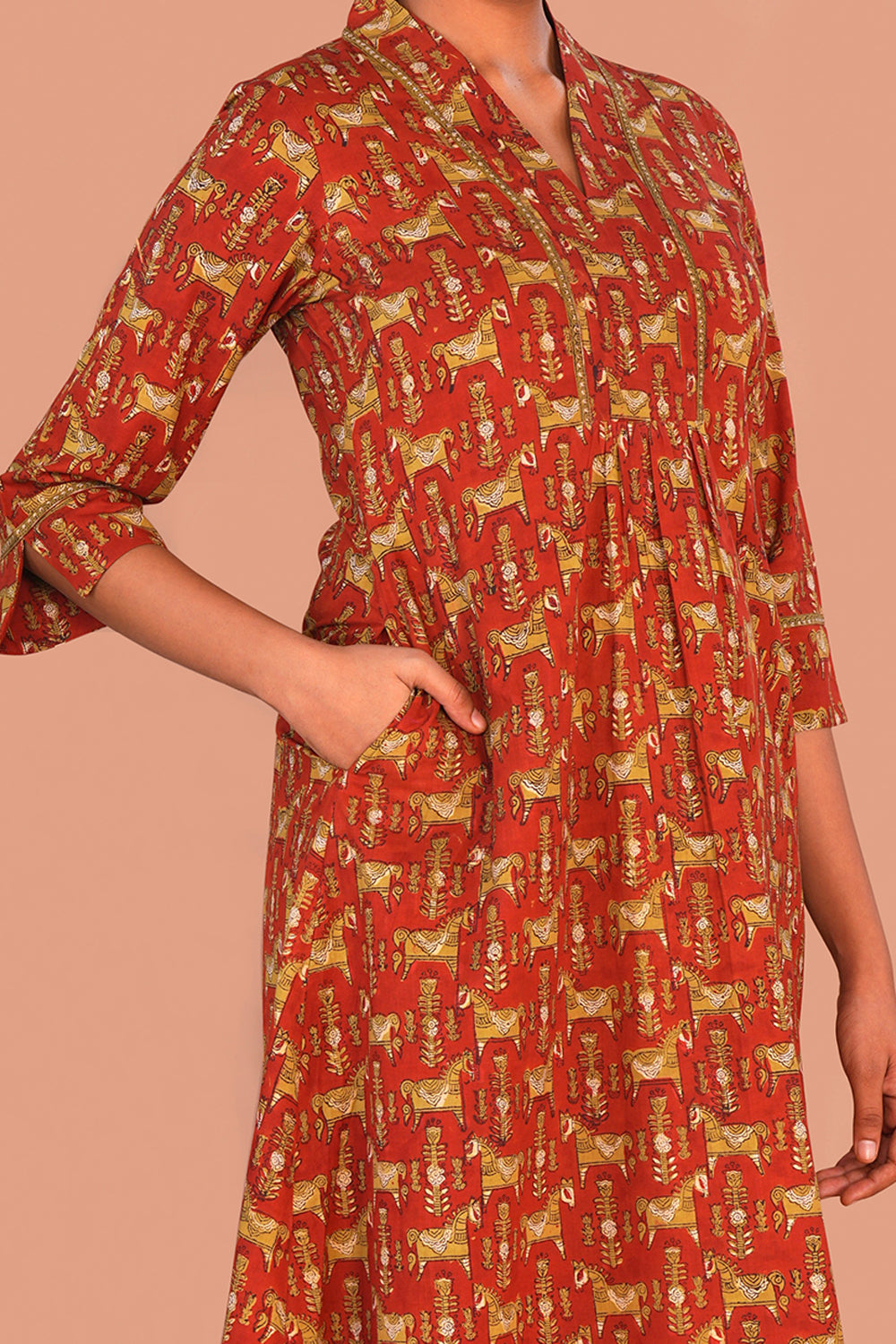 Image of Brick Red Bagru Hand Block Printed Kurta