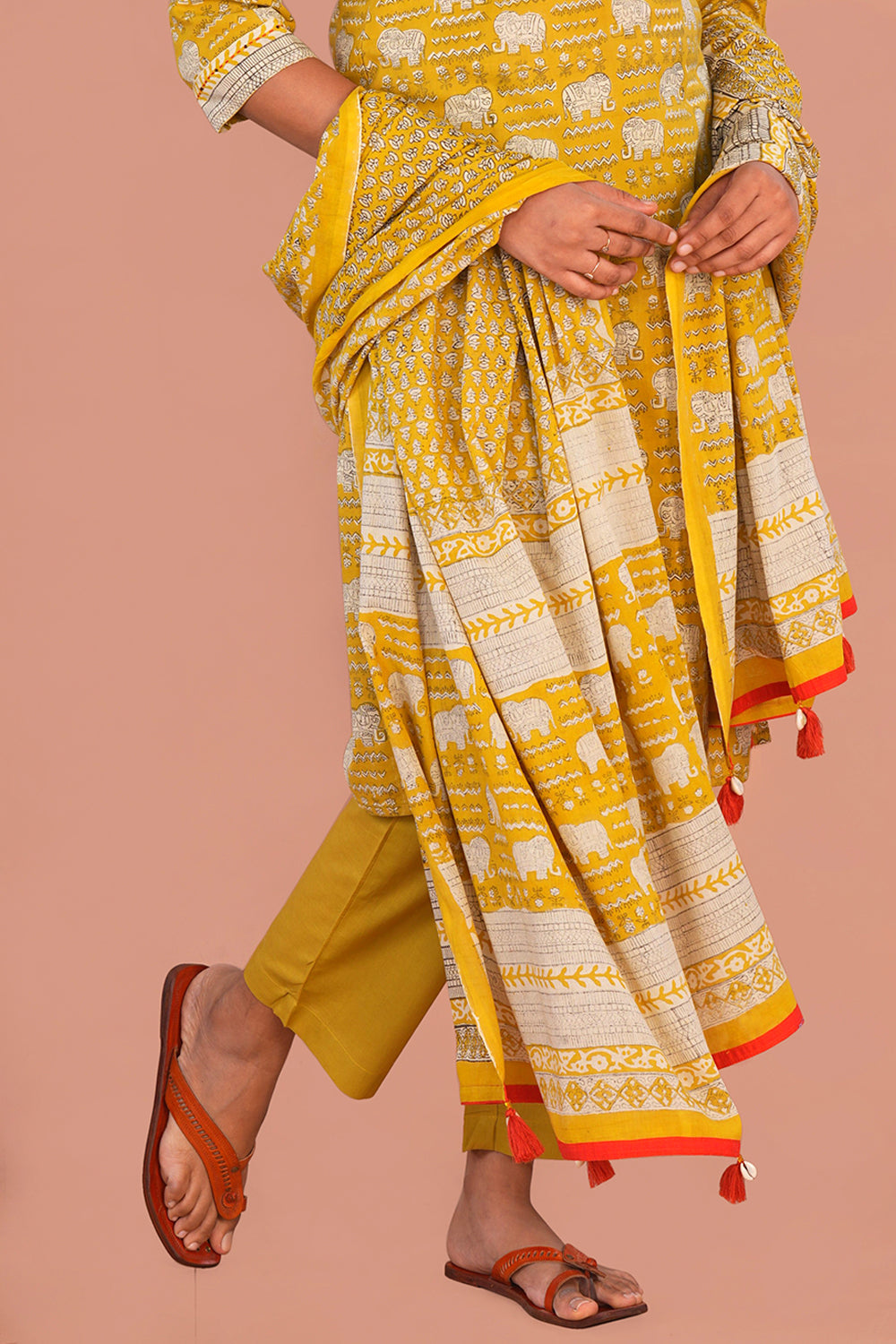 Image of Mustard Yellow Bagru Block Printed Cotton Set