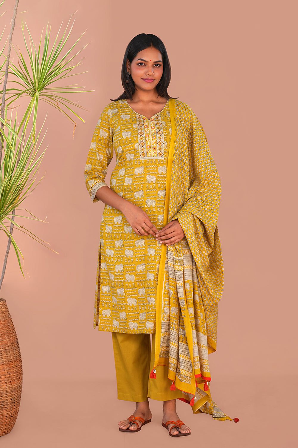 Image of Mustard Yellow Bagru Block Printed Cotton Set