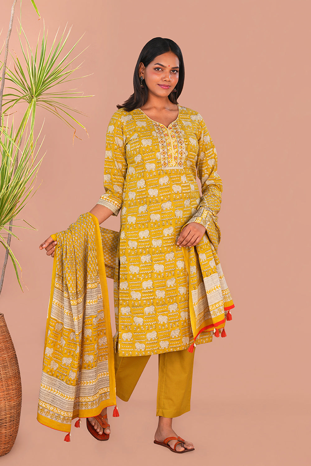 Image of Mustard Yellow Bagru Block Printed Cotton Set