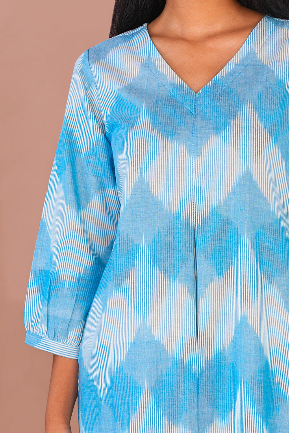 Image of Sky Blue Pochampally Cotton Ikat Long Kurta