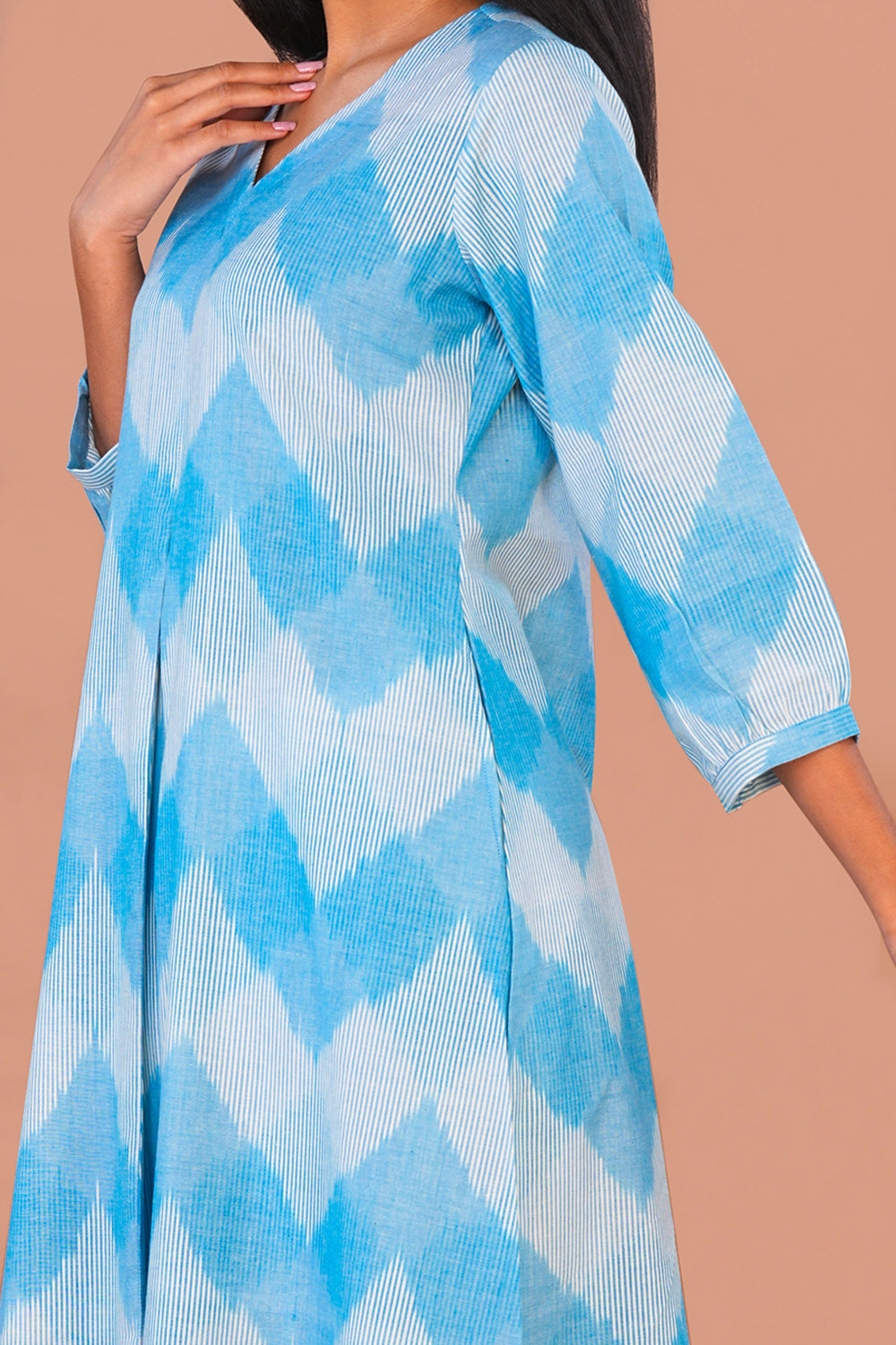 Image of Sky Blue Pochampally Cotton Ikat Long Kurta