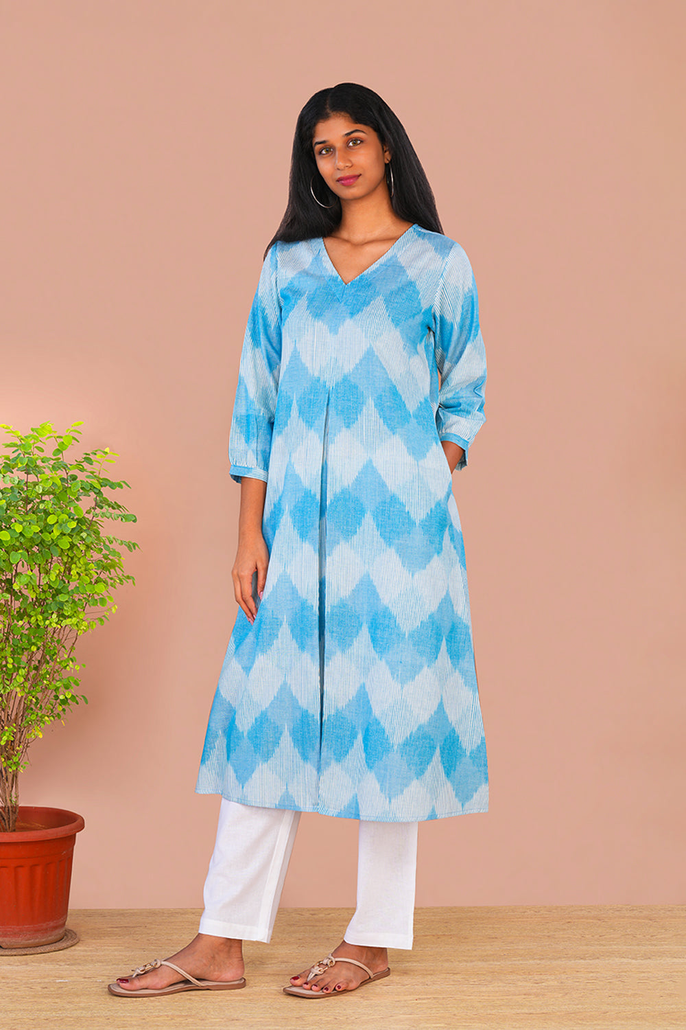 Image of Sky Blue Pochampally Cotton Ikat Long Kurta