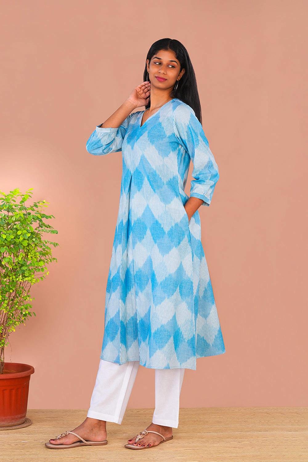 Image of Sky Blue Pochampally Cotton Ikat Long Kurta