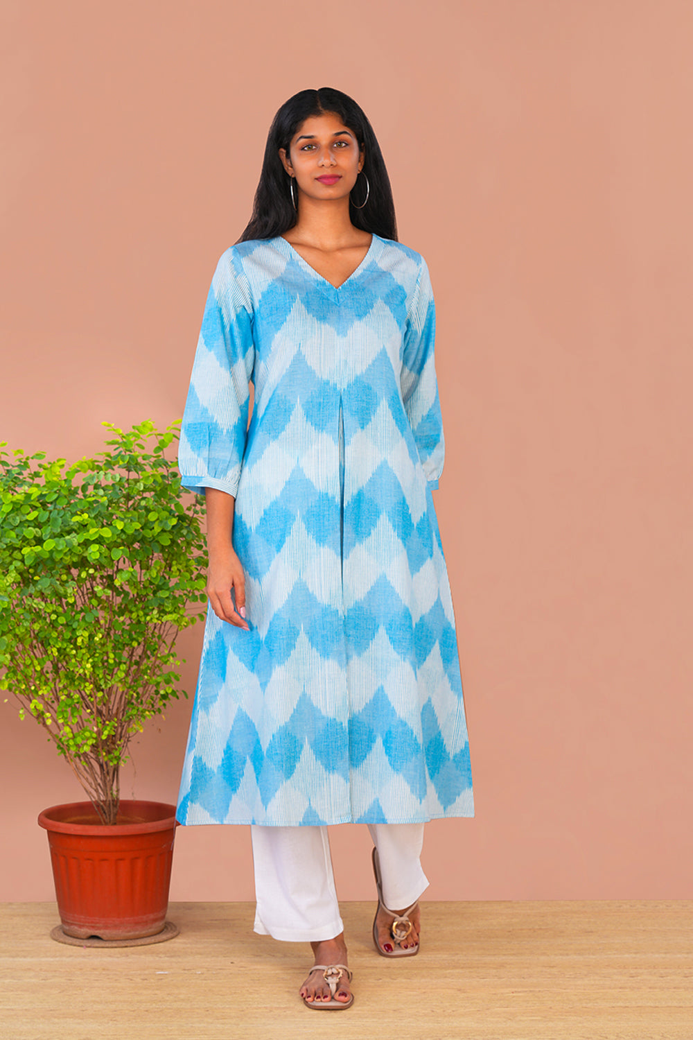 Image of Sky Blue Pochampally Cotton Ikat Long Kurta