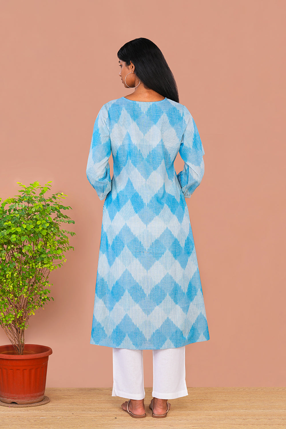 Image of Sky Blue Pochampally Cotton Ikat Long Kurta