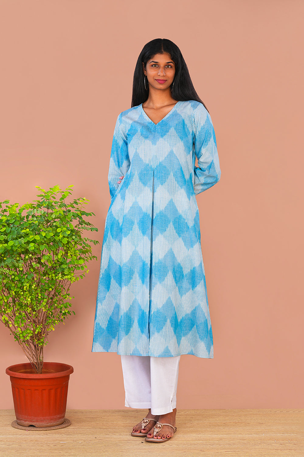 Image of Sky Blue Pochampally Cotton Ikat Long Kurta
