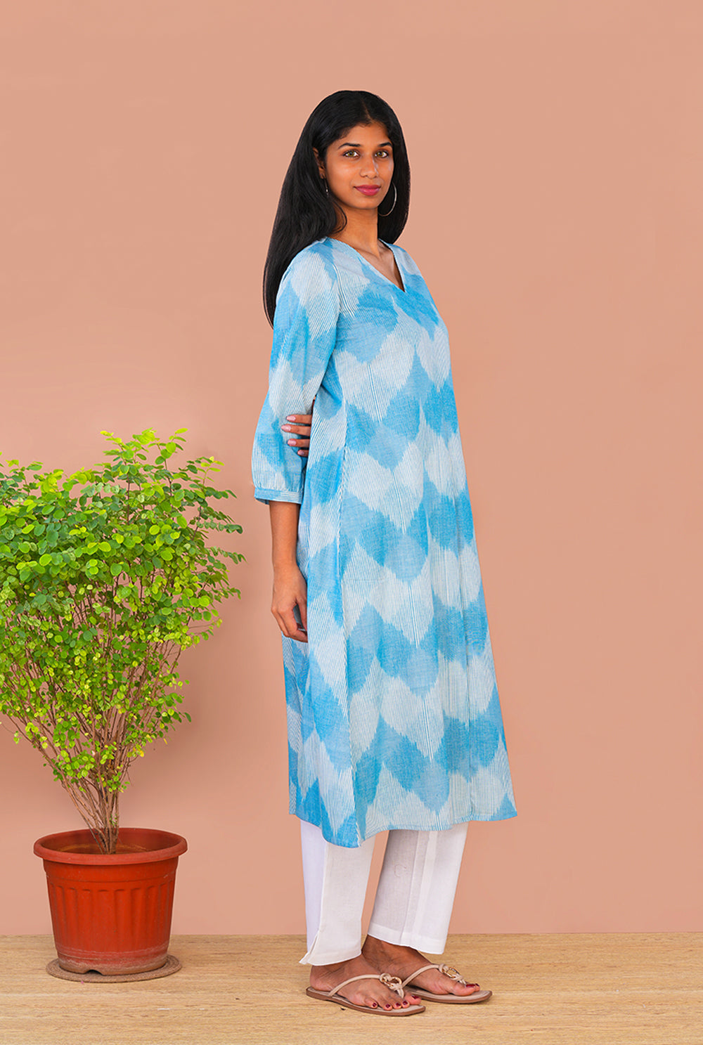 Image of Sky Blue Pochampally Cotton Ikat Long Kurta