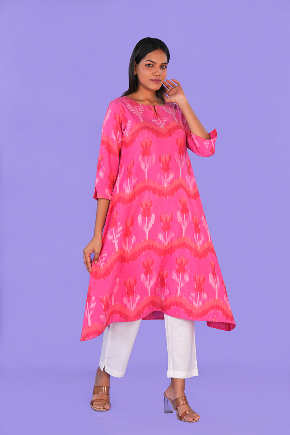 Image of Pink Floral Pochampally Ikat Kurti