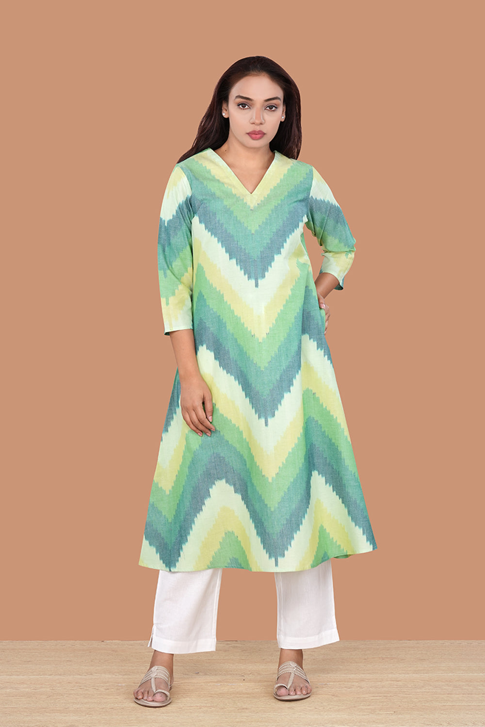 Image of Greens Ombre  Shaded Pochampally Ikat Kurti