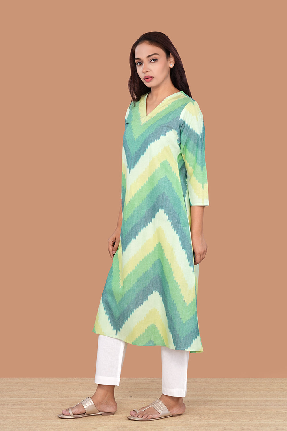 Image of Greens Ombre  Shaded Pochampally Ikat Kurti