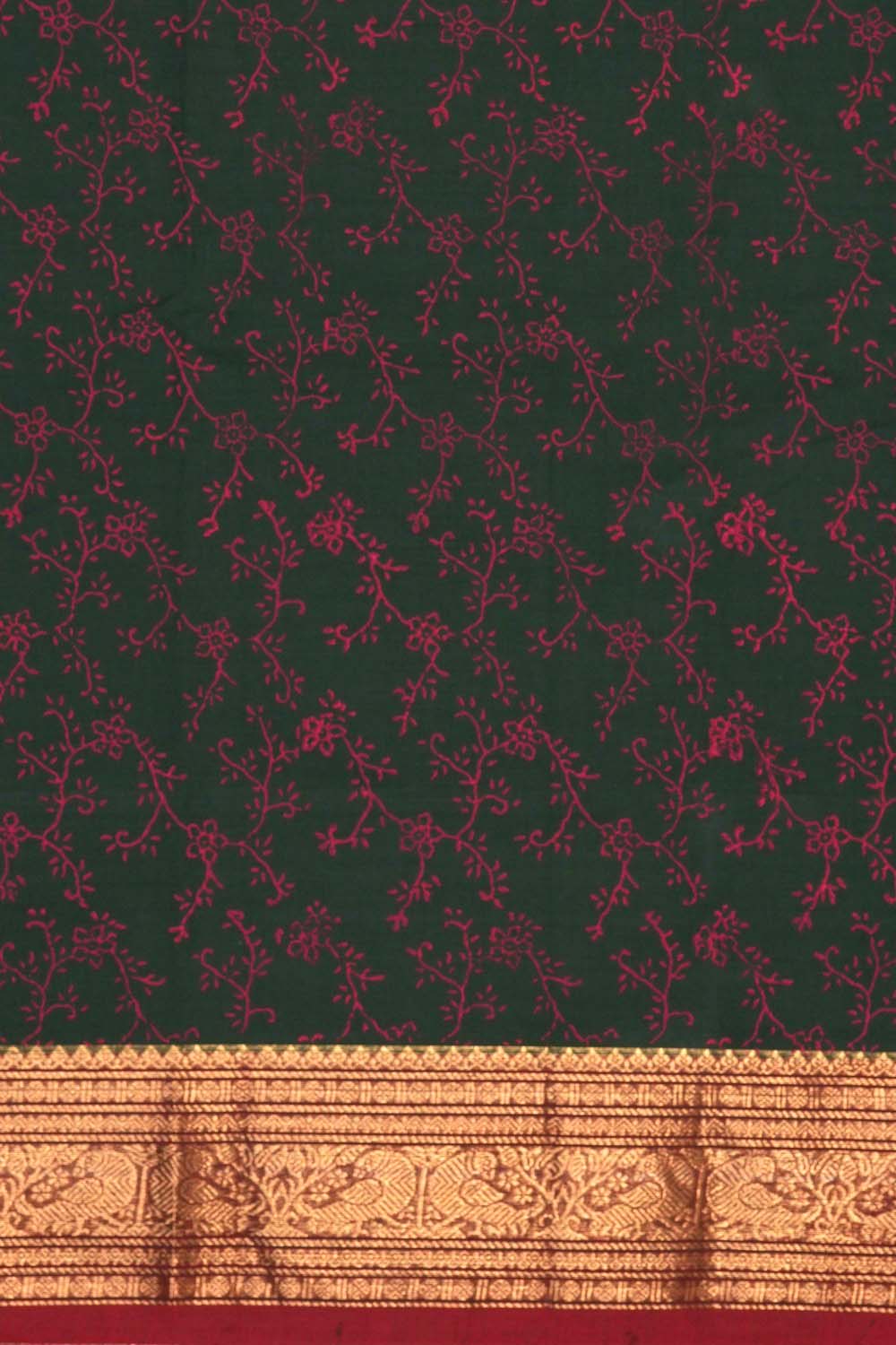 Image of Forest Green floral jaal block printed south cotton saree