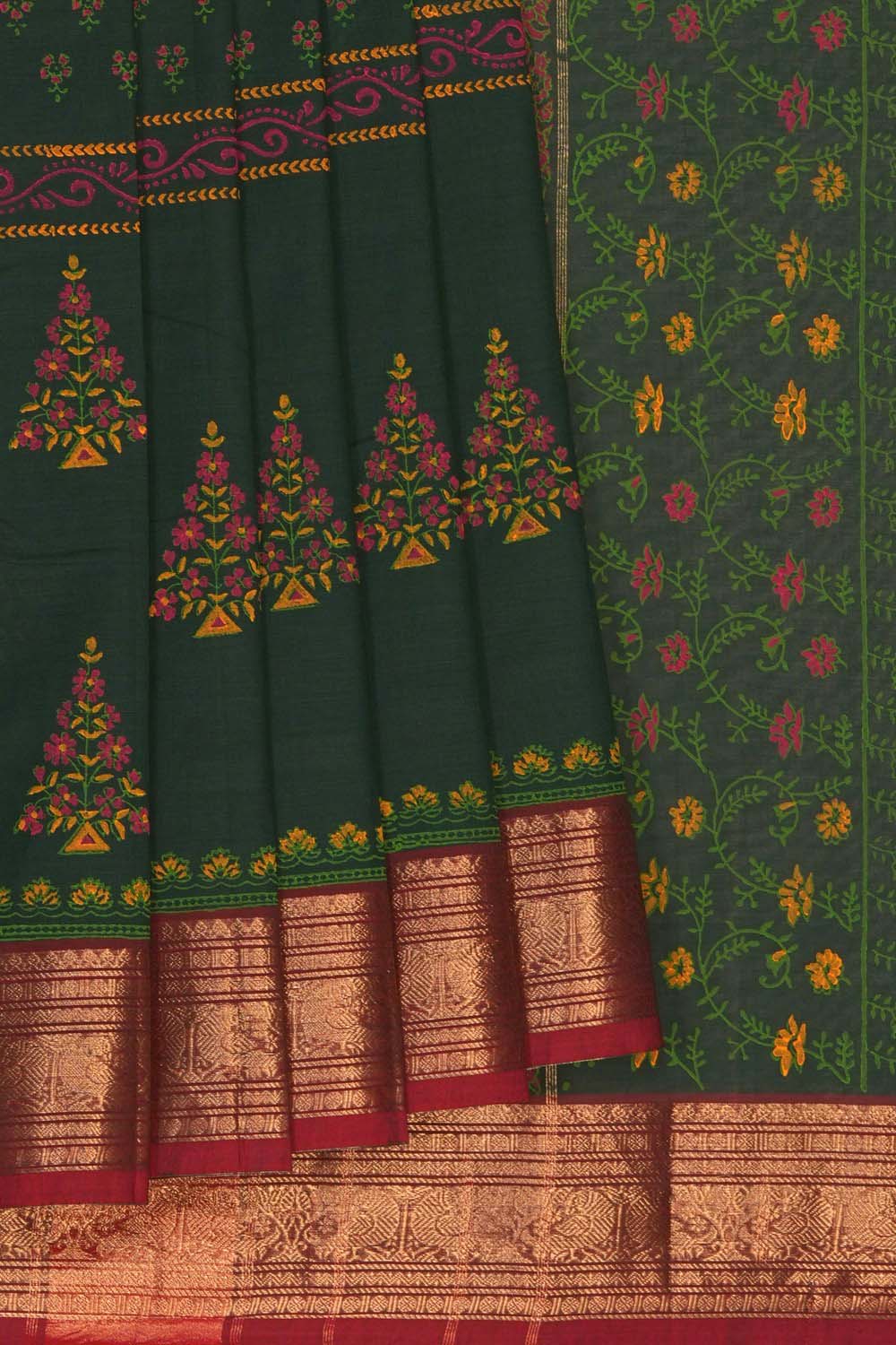 Image of Forest Green floral jaal block printed south cotton saree