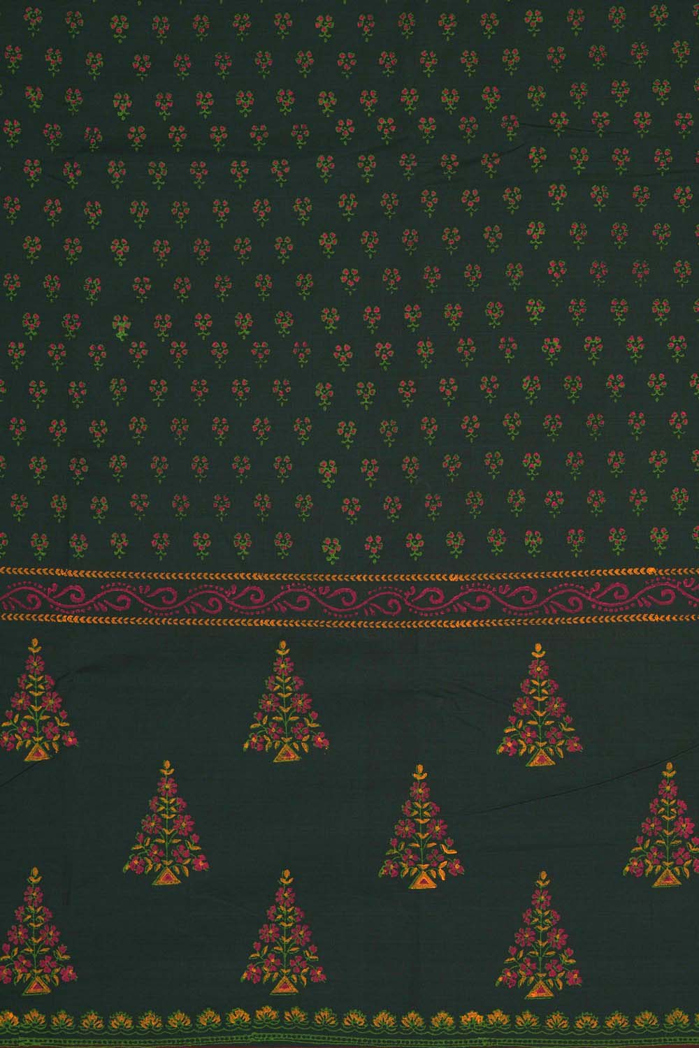 Image of Forest Green floral jaal block printed south cotton saree