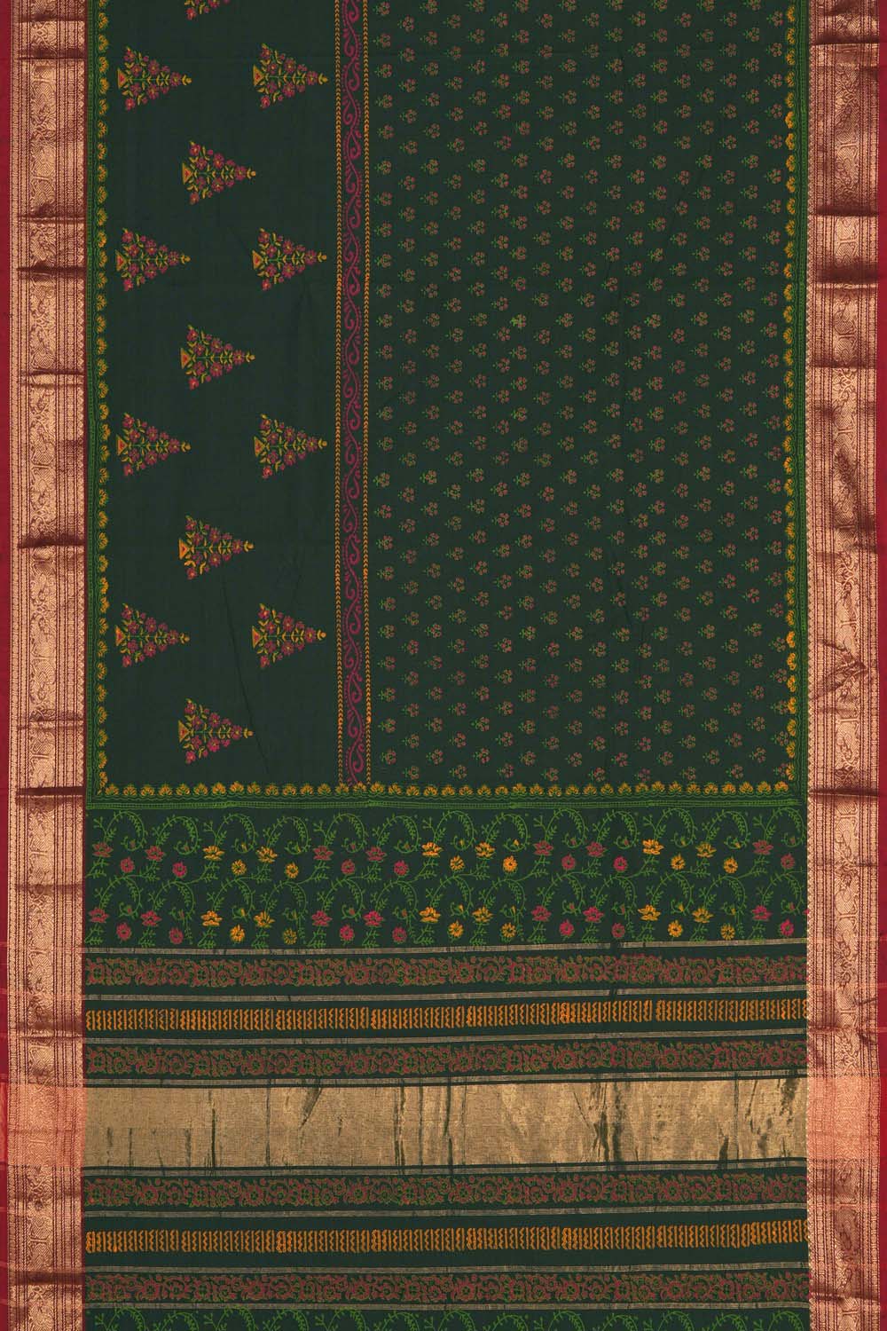 Image of Forest Green floral jaal block printed south cotton saree