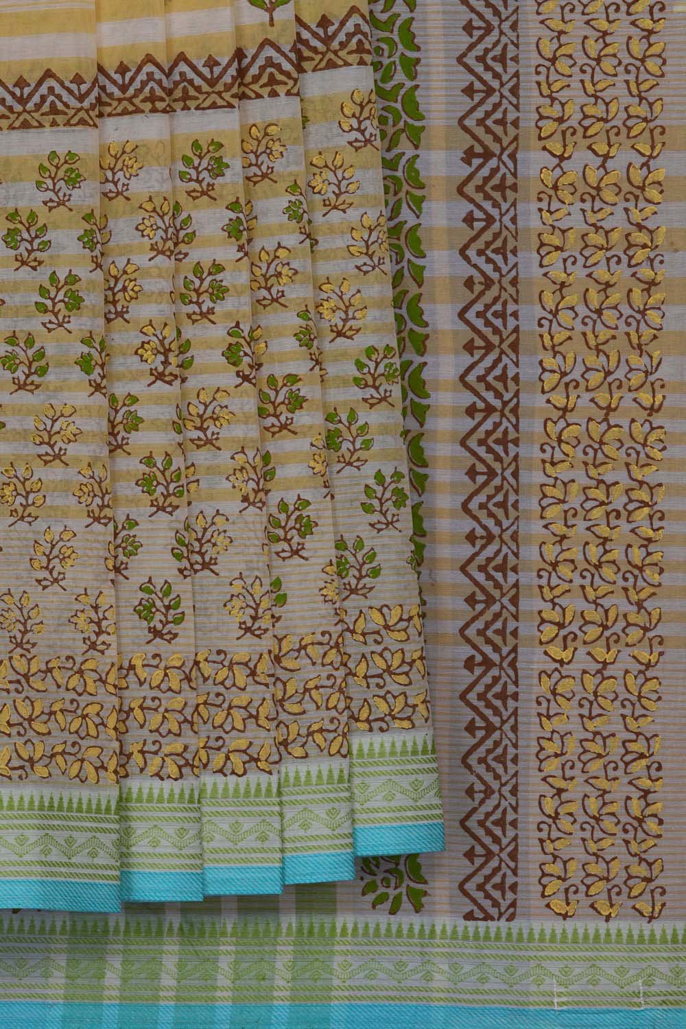 Image of Yellow buti jaal with buta block printed cotton saree