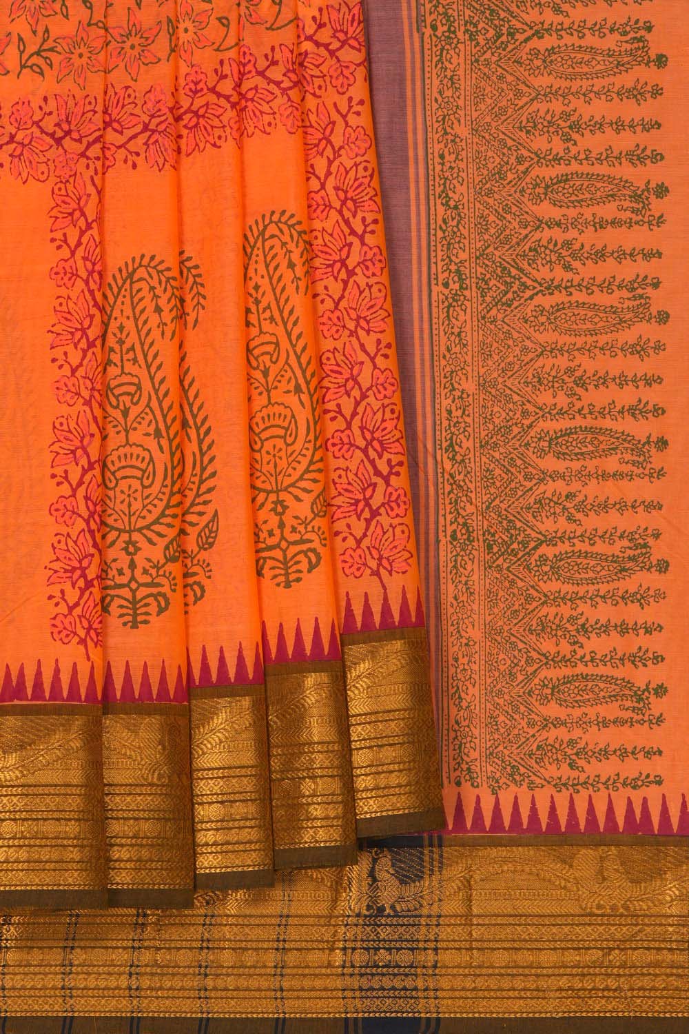 Image of Pink with Mehndi Green traditional block printed south cotton saree
