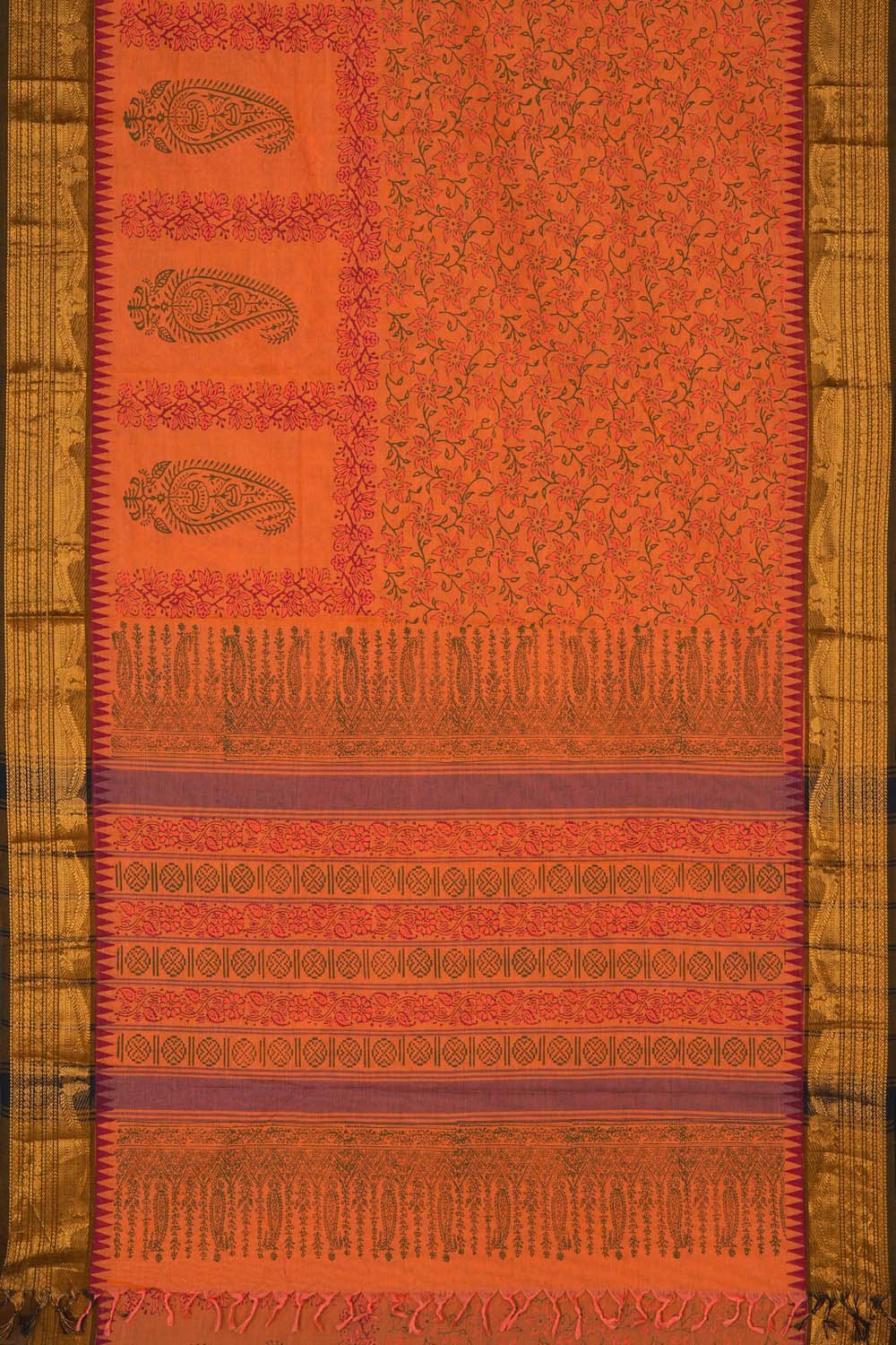 Image of Pink with Mehndi Green traditional block printed south cotton saree