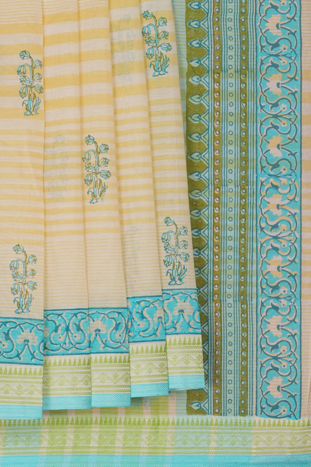 Image of Yellow with Beige traditional block printed south cotton saree