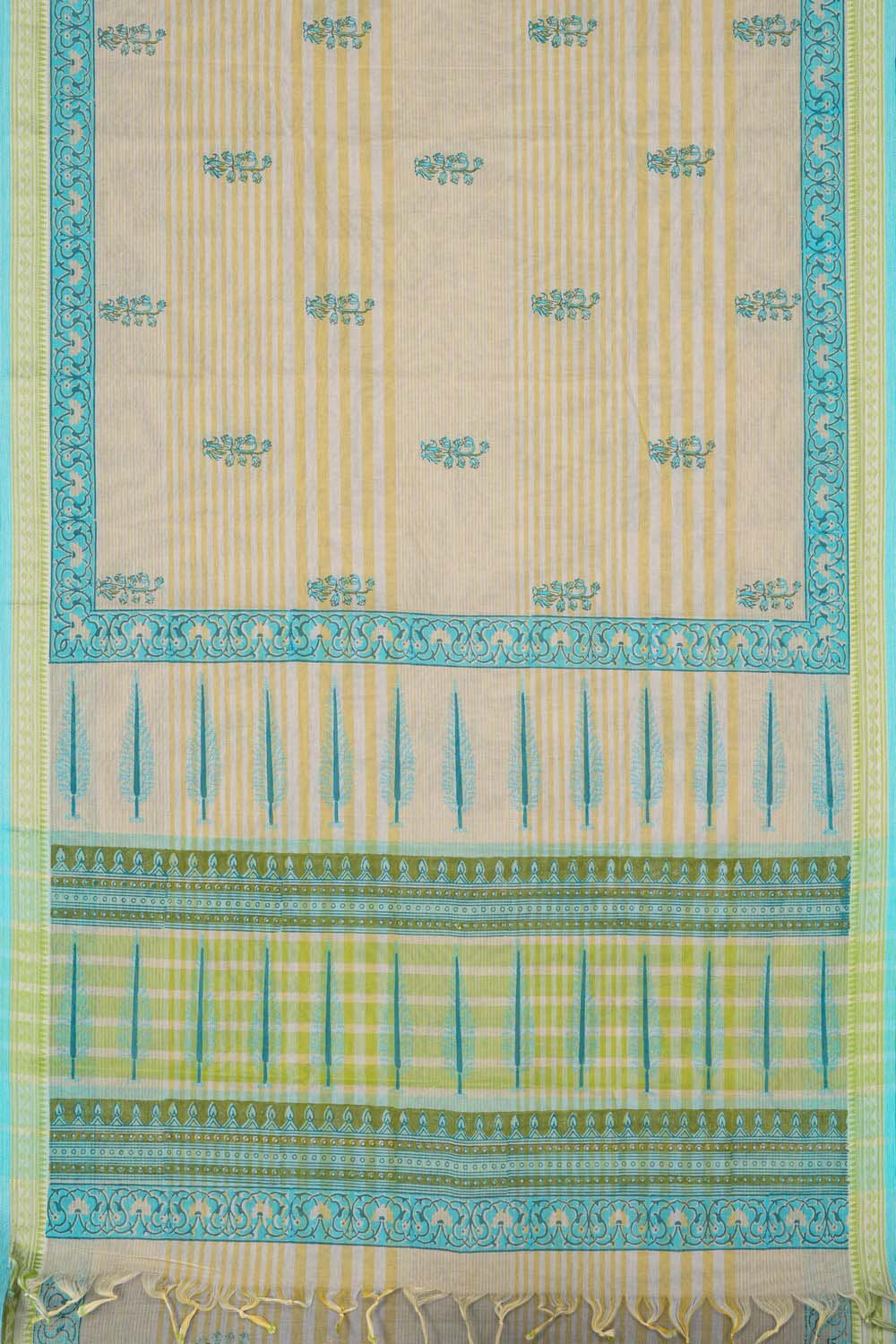 Image of Yellow with Beige traditional block printed south cotton saree