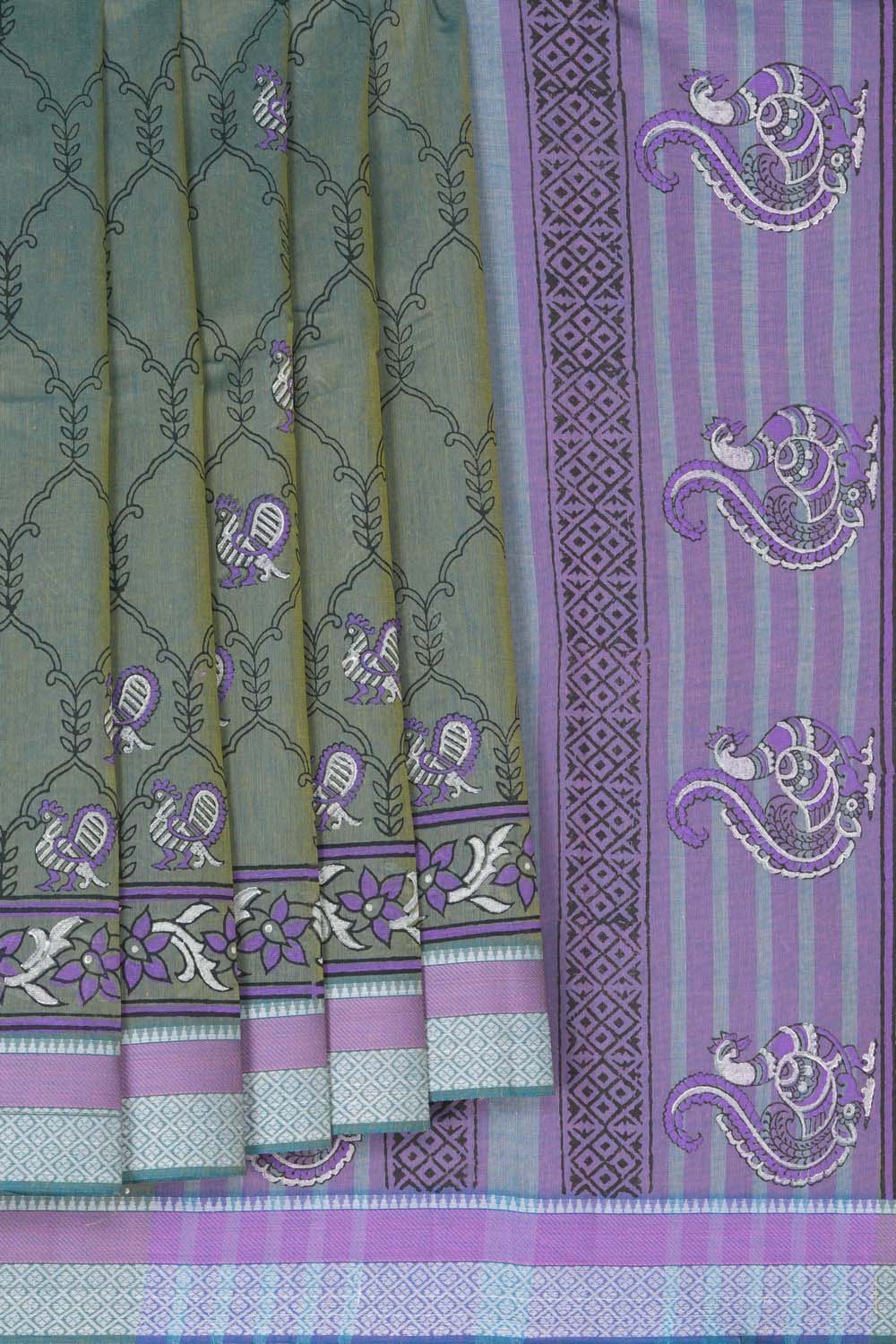 Image of Green with Purple traditional block printed south cotton saree