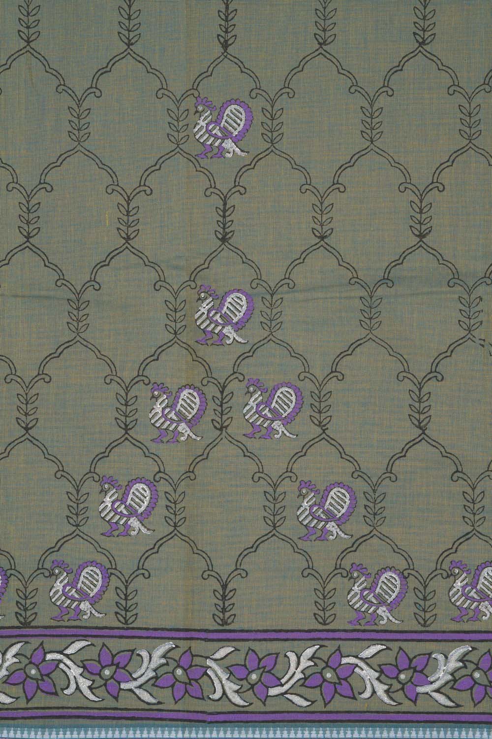Image of Green with Purple traditional block printed south cotton saree
