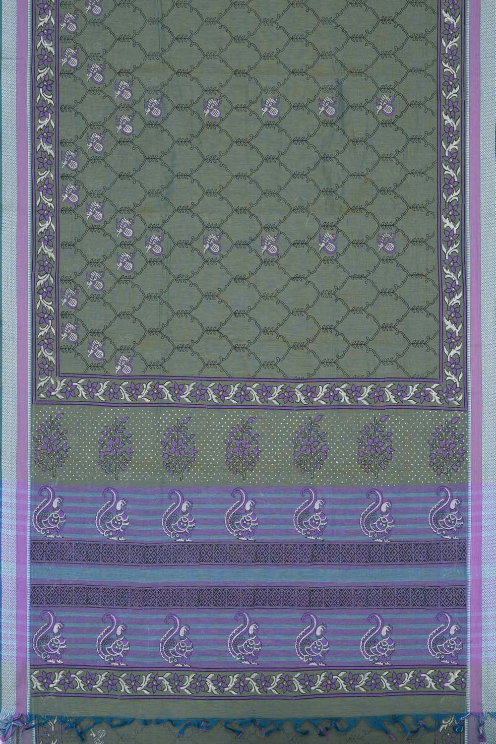 Image of Green with Purple traditional block printed south cotton saree