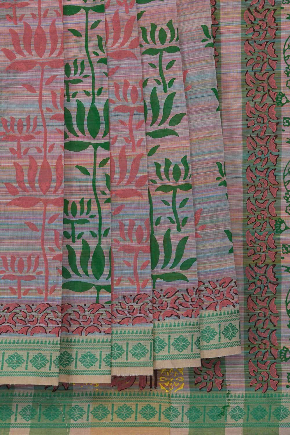Image of Light Pink lotus buta block printed cotton saree