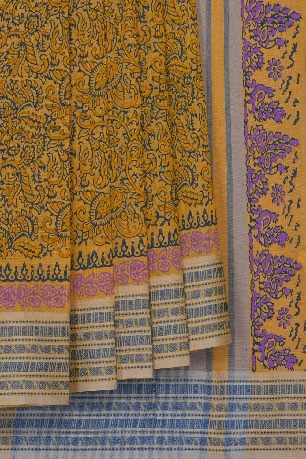 Image of Mustard Yellow floral jaal block printed cotton saree