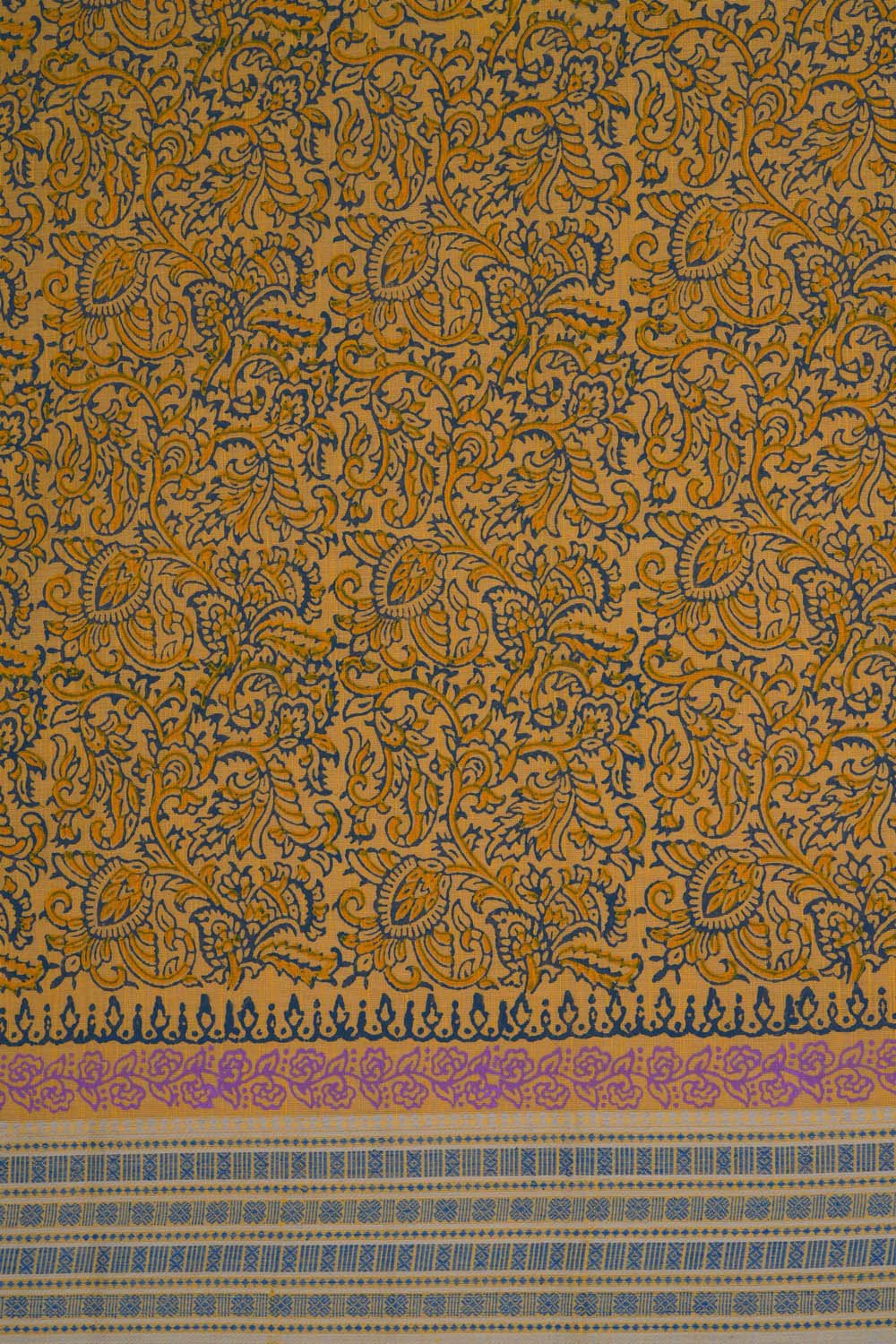Image of Mustard Yellow floral jaal block printed cotton saree
