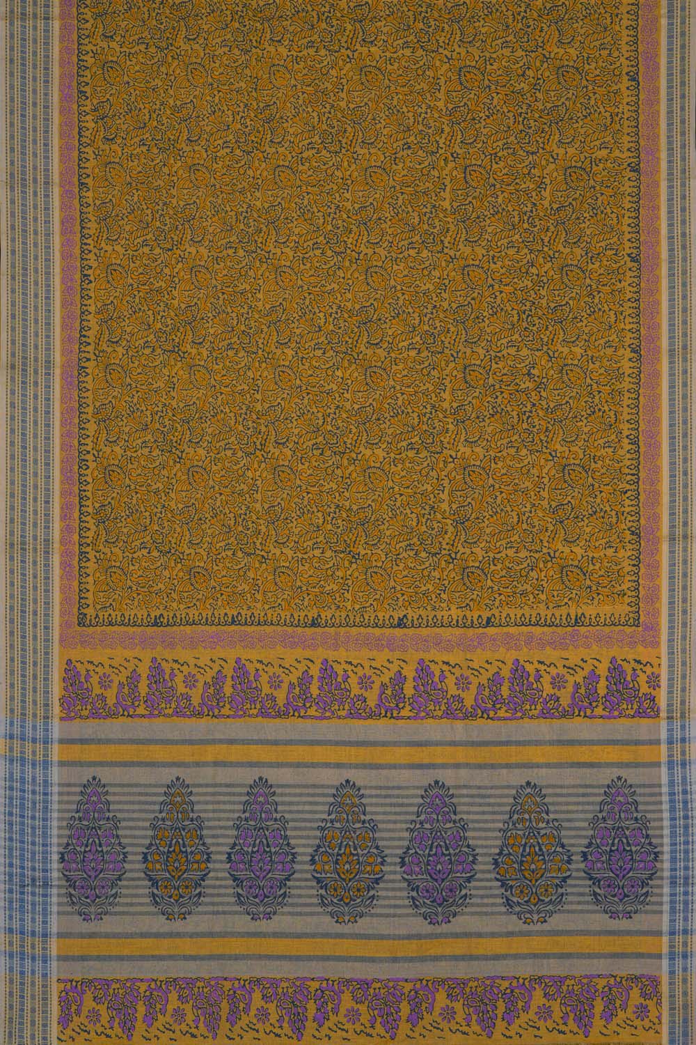 Image of Mustard Yellow floral jaal block printed cotton saree