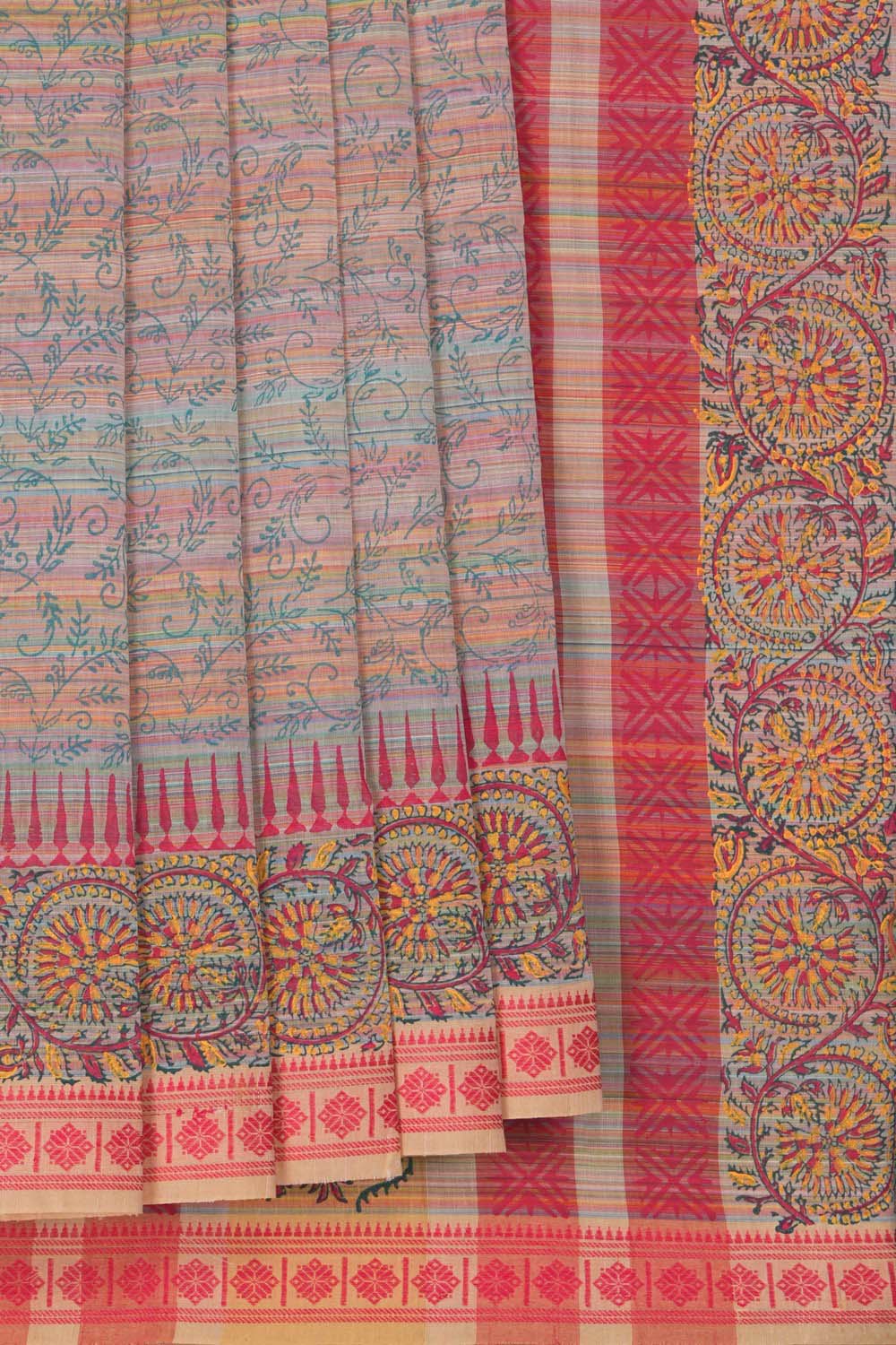 Image of Peach stripe weave block printed south cotton saree