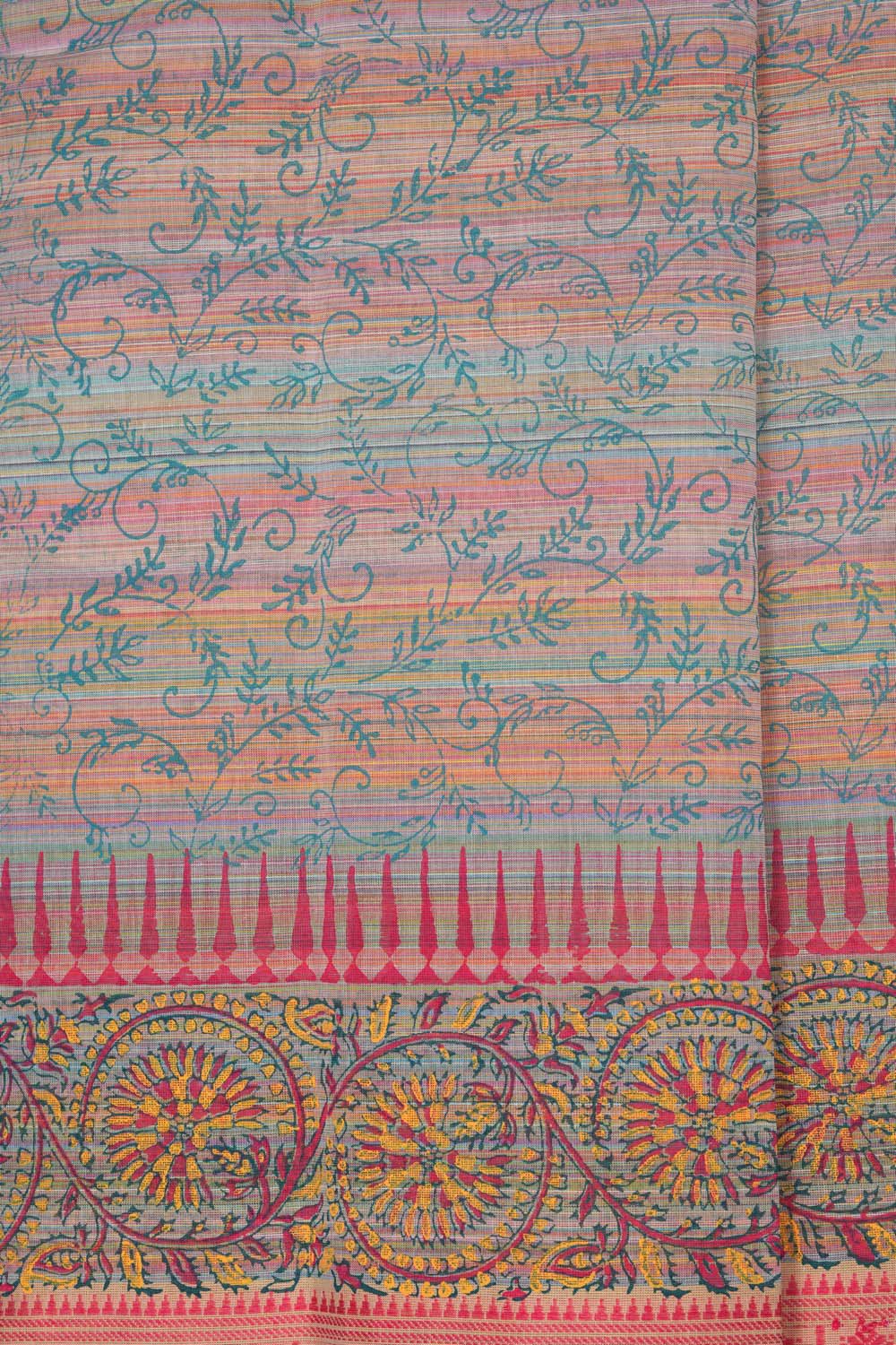 Image of Peach stripe weave block printed south cotton saree