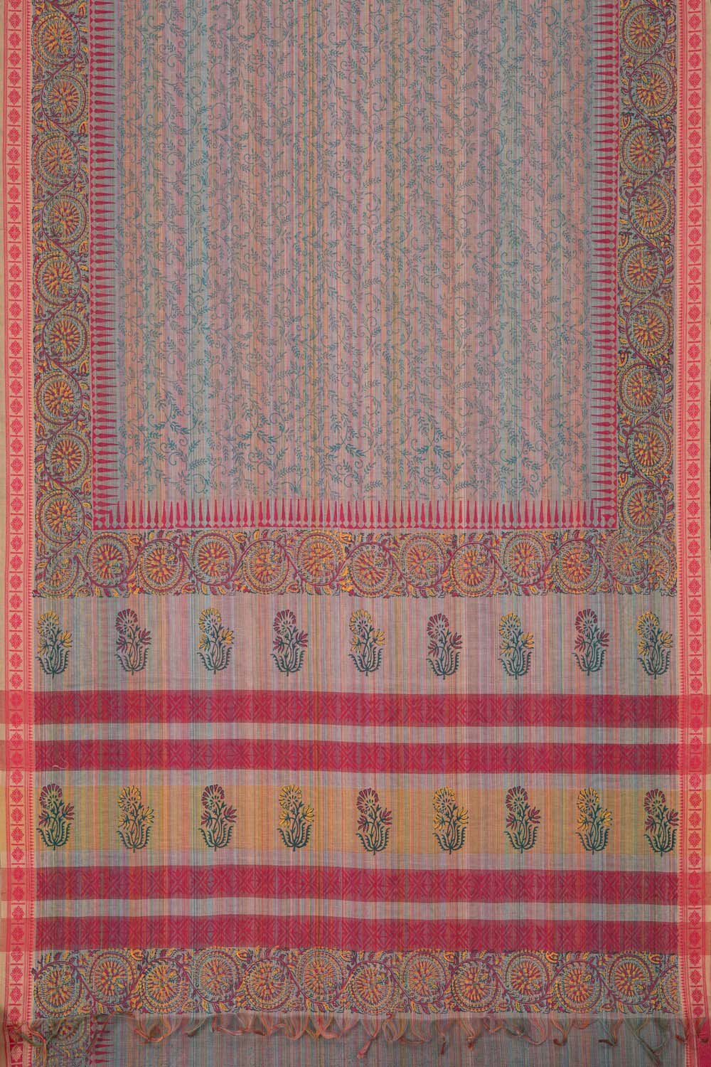 Image of Peach stripe weave block printed south cotton saree